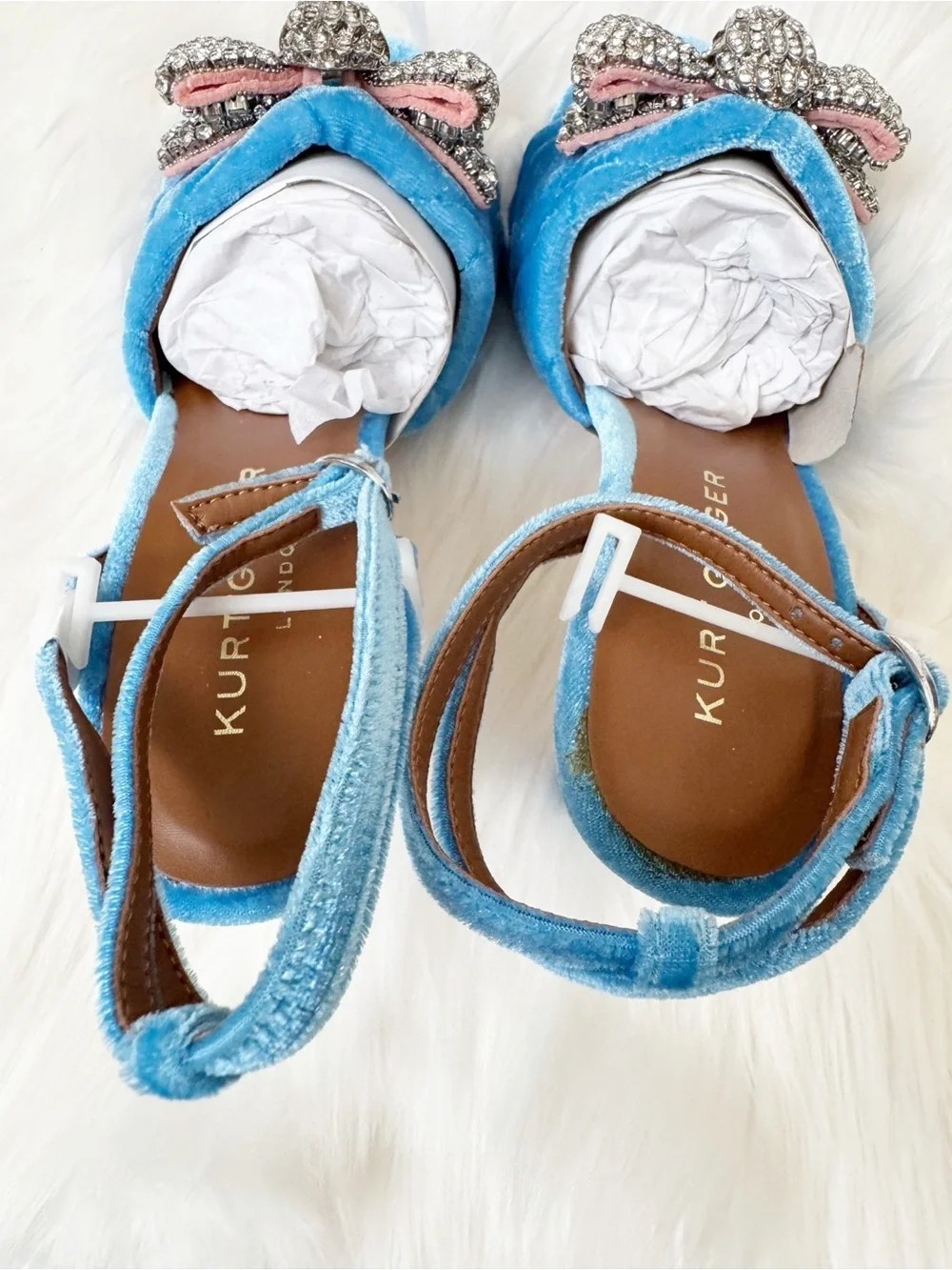Kurt Geiger Turquoise Blue Velvet Crystal Bow Heeled Sandals